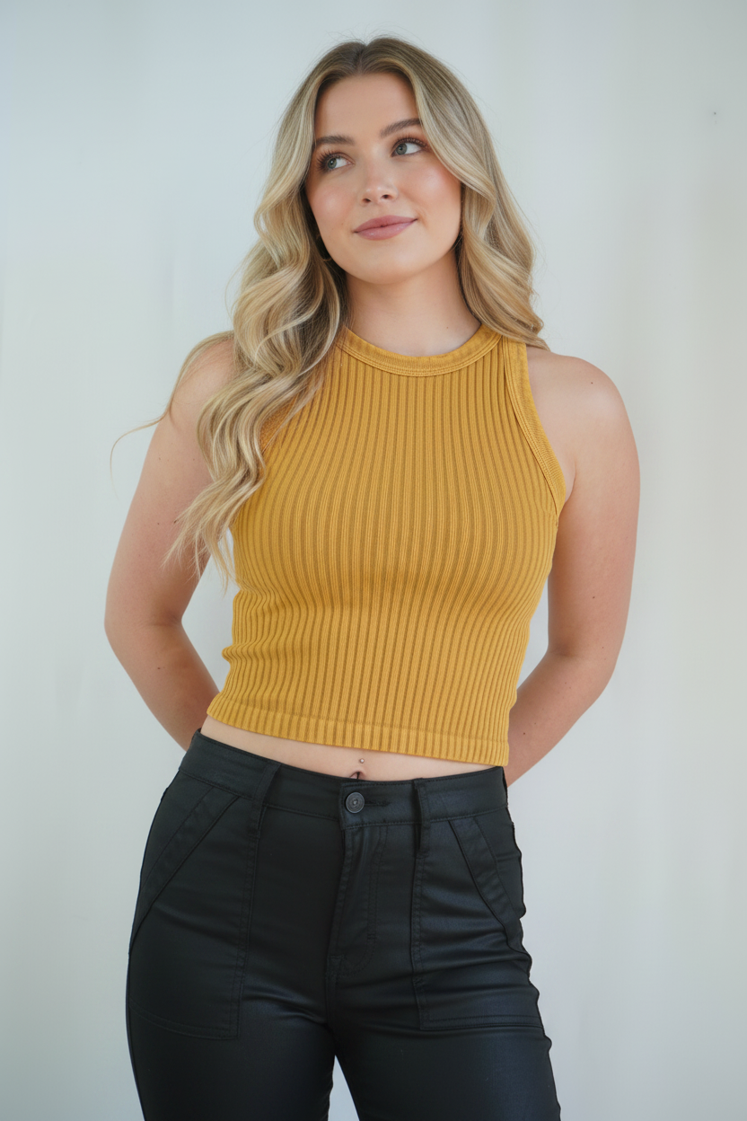 Ribbed High-Neck Crop Tank - Blonde Model