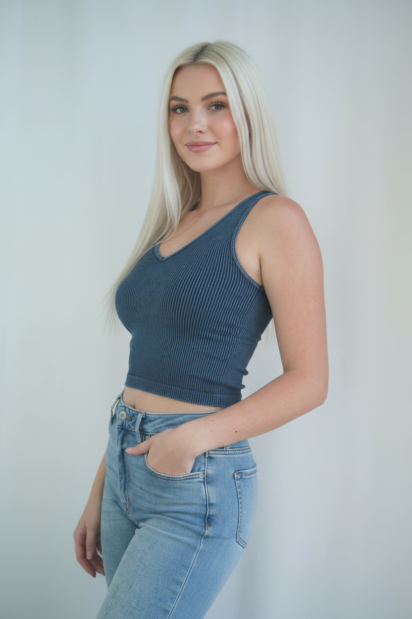 Vintage Denim V-Neck Crop Tank - Blonde Model